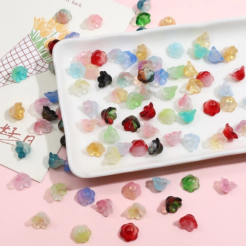 Gradient Lily Of The Valley Glass Flower Beads Frosted Translucent Bell Orchid Petal Loose Beads For DIY Jewelry Making