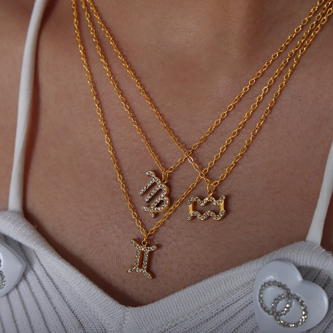 Collana con Pendente a Dodici Segni Zodiacali in Acciaio Inossidabile Titanio Donna Placcato Oro Strass Intarsiato Gioielli