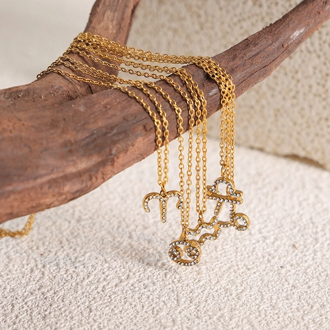 Collana con Pendente a Dodici Segni Zodiacali in Acciaio Inossidabile Titanio Donna Placcato Oro Strass Intarsiato Gioielli