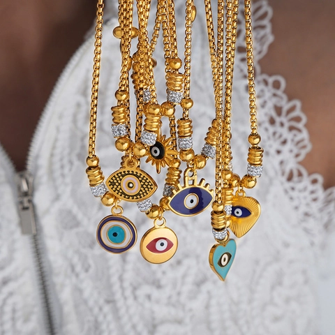 Bohemian Titanium Steel Evil Eye Heart Charm Bracelet Adjustable Slider Bracelet Gold Silver Rhinestone Enamel Hand Jewelry