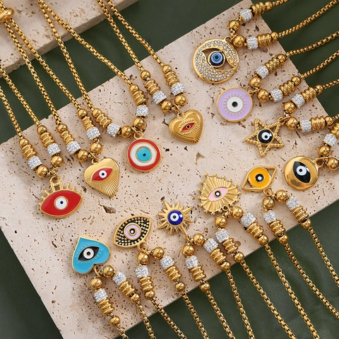 Bohemian Titanium Steel Evil Eye Heart Charm Bracelet Adjustable Slider Bracelet Gold Silver Rhinestone Enamel Hand Jewelry