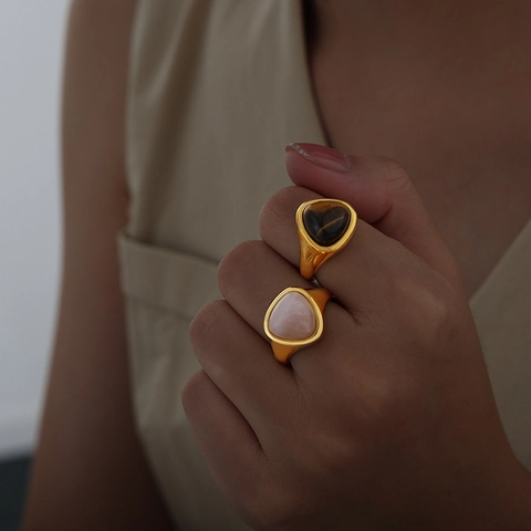 Vintage Stainless Steel Triangle Ring Natural Tiger Eye Rose Quartz For Women Gold Silver Plated Geometric Signet Ring Jewelry