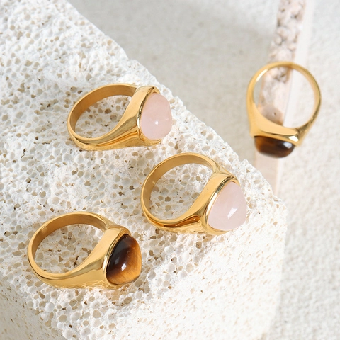 Vintage Stainless Steel Triangle Ring Natural Tiger Eye Rose Quartz For Women Gold Silver Plated Geometric Signet Ring Jewelry