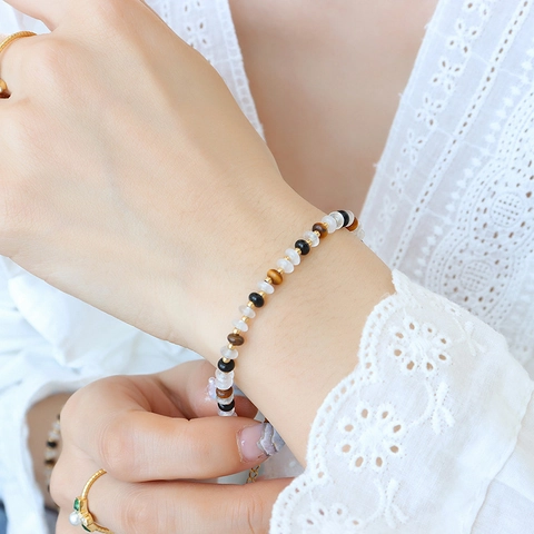 Vintage Titanium Steel Beaded Bracelet For Men Women White Jade Tiger Eye Black Agate Gold Plated Adjustable Chain Gift