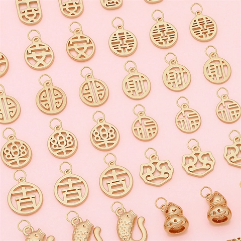 Traditional Chinese Style Copper 14K Gold Plated Hollow Fu Luck Lucky Character Pendants For DIY Bracelet Necklace Jewelry Making Accessory