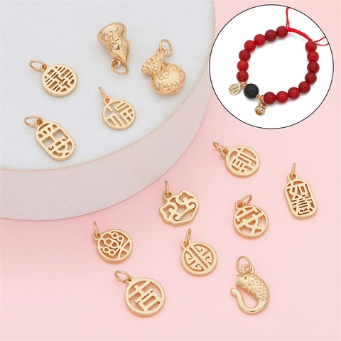 Traditional Chinese Style Alloy Matte Gold Pendants Hollow Fu Happiness Gourd Koi Charms For DIY Jewelry Making Accessories