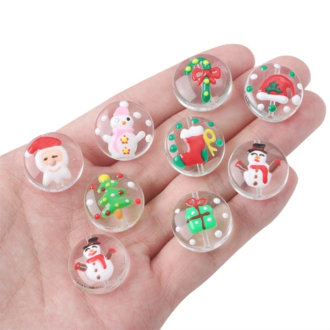 Cuentas de Vidrio Soplado Navideñas Pintadas a Mano Planas Redondas Papá Noel Muñeco de Nieve Árbol de Navidad Joyería DIY