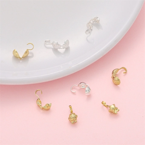 14K Gold Silver Plated Brass Shell Star Heart Fold Over Bead Tips Calottes For DIY Jewelry Making Connector End Clasps