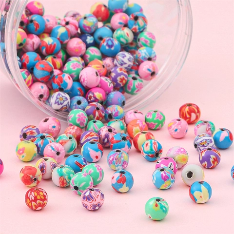 Perles d'Espacement Rondes en Pâte Polymère Multicolore Motif Floral pour Fabrication de Bijoux DIY Bracelets Colliers Boucles d'Oreilles