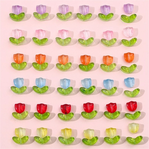 Gradient Tulip Petal Glass Beads With Leaf Base DIY Flower Beads For Jewelry Making Handmade Bracelet Earring Crafts