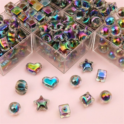 Perles en Vrac en Acrylique Plaqué AB Formes Mixtes Noir Transparent Couleur Aurore DIY Étoile Cœur Cube Perles Rondes pour Création de Bijoux