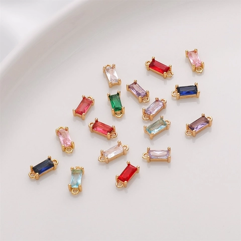 Rectangular Zircon Charms 14K Gold Plated Copper Pendants Double Single Loop Connectors For DIY Jewelry Making Accessories