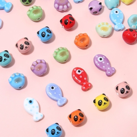 Cartoon Ceramic Animal Shaped Printed Multicolor Panda Cat Paw Fish Loose Beads For DIY Bracelet Necklace Jewelry Making