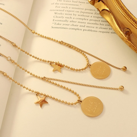 Minimalistische Titanstahl Stern Runde Münze Anhänger Halskette Für Damen Gravierte Good Luck Anhänger Schmuck Vergoldete Kette