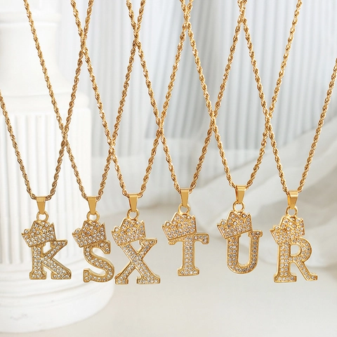 Titanium Steel Crown Initial Letter Pendant Necklace With Zirconia Gold Plated Rope Chain Hip Hop Jewelry For Women