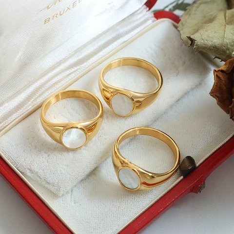 Anillo de Sello Vintage Francés Acero de Titanio Nácar Blanco Inserto Ovalado Bañado en Oro 18K Minimalista Mujer