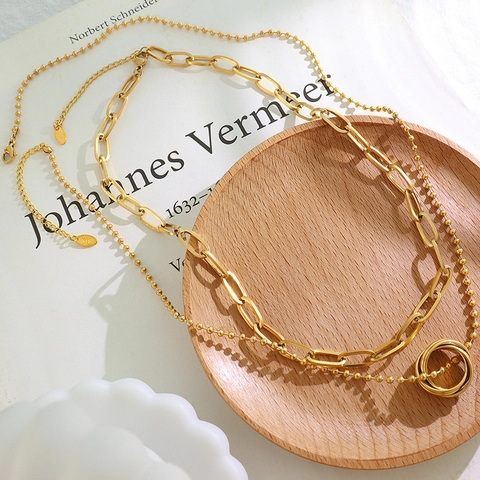 Layered Necklace Stainless Steel 18K Gold Plated Interlocking Triple Rings Paperclip Chain Minimalist Luxury For Women