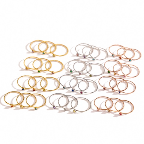 Twisted Rope Band Stainless Steel Ring Round Zirconia 12 Color Birthstone 18K Gold Plated Vintage Minimalist Ring for Women Jewelry Gift