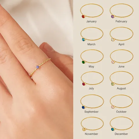Twisted Rope Band Stainless Steel Ring Round Zirconia 12 Color Birthstone 18K Gold Plated Vintage Minimalist Ring for Women Jewelry Gift