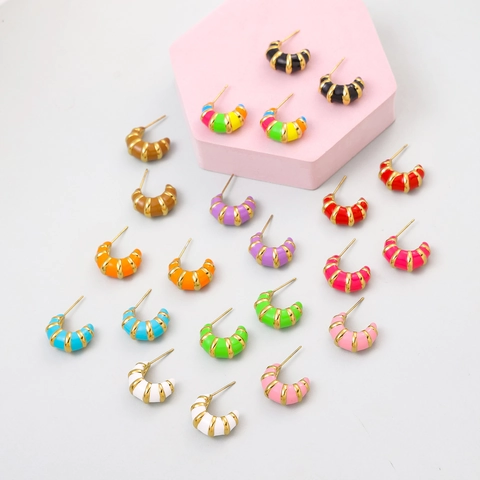 Retro Stainless Steel Striped Enamel Hoop Earrings For Women Colorful C-Shape Croissant Stud Earrings Fashion Jewelry