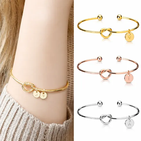 Stainless Steel Knotted Initial Bangle With Letter Pendant Round Disk Charm Personalized Open Cuff Bangle DIY Jewelry Accessory For Women