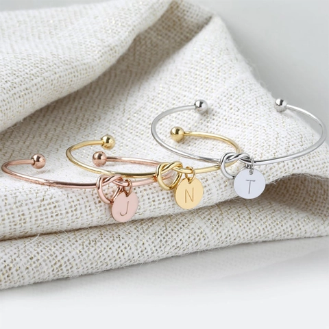 Stainless Steel Knotted Initial Bangle With Letter Pendant Round Disk Charm Personalized Open Cuff Bangle DIY Jewelry Accessory For Women