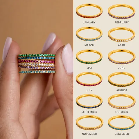 Stainless Steel Zirconia Birthstone Eternity Ring Gold Plated Geometric Micro Inlaid Multi Color Stacking Ring For Women Daily Jewelry