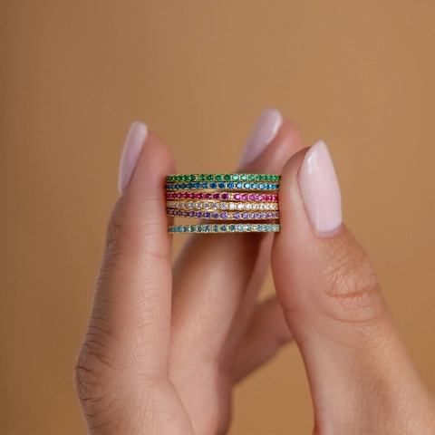 Stainless Steel Zirconia Birthstone Eternity Ring Gold Plated Geometric Micro Inlaid Multi Color Stacking Ring For Women Daily Jewelry