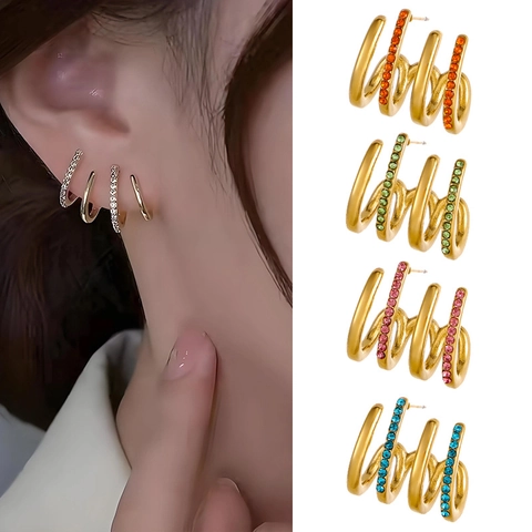 Titanium Steel Micro Inlaid Zirconia Crawler Earrings For Women 18K Gold Plated Four Claw Design Chic Pierced Ear Clips Jewelry