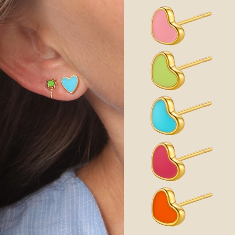 Stainless Steel Heart Stud Earrings 14K Gold Plated Enamel Oil Drip Multicolor Sweet Ins Style Minimalist Women Jewelry