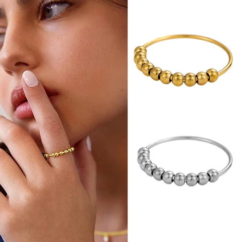Edelstahl Anti Angst Spinner Ring Für Damen Bewegliche Runde Perlen Stressabbau Band Ring Gold Silber Poliert Schmuck