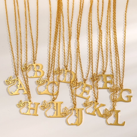 Artistic Stainless Steel Gold Plated 26 Initial Letter Pendant Necklace Floral Leaf Face Silhouette Choker For Women Jewelry