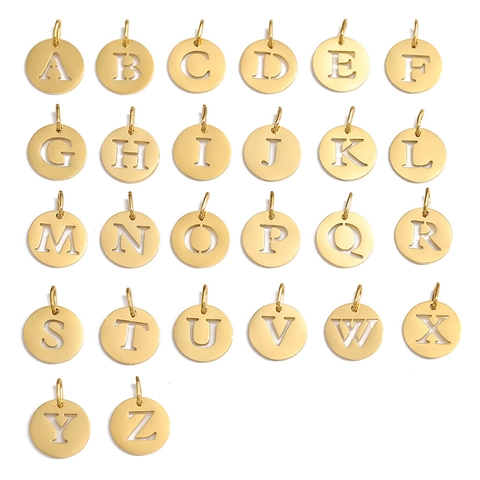 Stainless Steel 14K Gold Plated Initial Alphabet Letter Pendant Round Hollow Charm For DIY Necklace Bracelet Jewelry Making