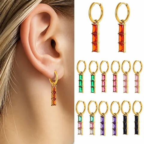 Stainless Steel 18K Gold Plated Zirconia Rectangle Pendant Hoop Earrings Geometric Dangle Drop Earrings For Women Jewelry