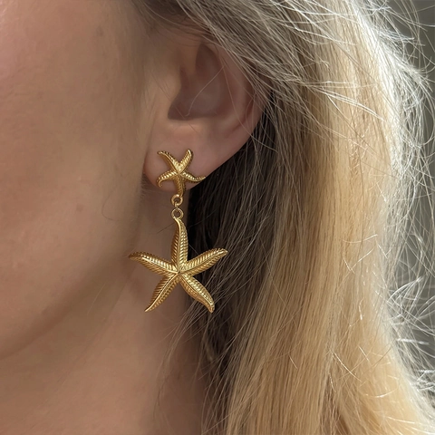 Orecchini a Goccia Esagerati a Forma di Stella Marina in Acciaio Inossidabile Placcato Oro 14K Retrò Stile Oceano Donna