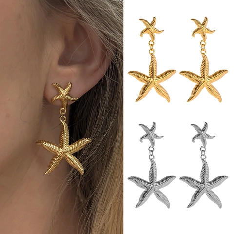 Orecchini a Goccia Esagerati a Forma di Stella Marina in Acciaio Inossidabile Placcato Oro 14K Retrò Stile Oceano Donna