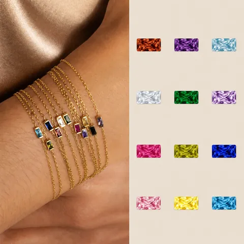 18K Gold Plated Stainless Steel Birthstone Bracelet For Women Square Zirconia Pendant Geometric Adjustable Chain Jewelry