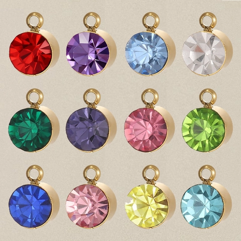 Stainless Steel Round Birthstone Pendants For DIY Jewelry Making Gold Plated Synthetic Gemstone Charm Necklace Earring