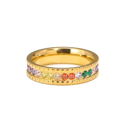 PVD Gold Plated Stainless Steel Rainbow Zirconia Ring For Women Vintage Milgrain Beaded Edge Multi Color Stone Band Jewelry