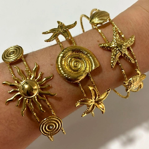 Stainless Steel Marine Open Cuff Bracelet PVD 18K Gold Plated Starfish Shell Sun Sea Turtle Vintage Summer Vacation Jewelry