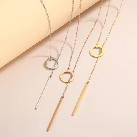 Stainless Steel Y-Shaped Lariat Necklace For Women Geometric Circle Bar Pendant PVD Gold Plated Fashion Jewelry Necklace