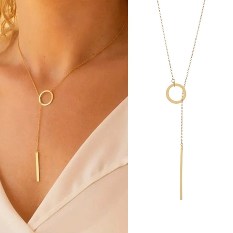 Stainless Steel Y-Shaped Lariat Necklace For Women Geometric Circle Bar Pendant PVD Gold Plated Fashion Jewelry Necklace