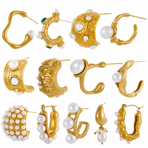 Vintage Stainless Steel C Shaped Hoop Earrings PVD Gold Plated Artificial Pearl Rhinestone Retro Light Luxury Women