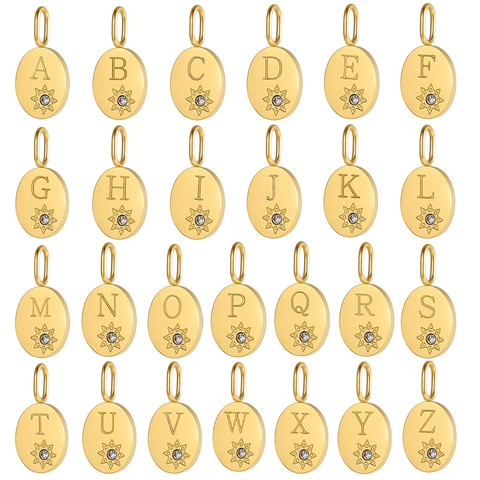 Edelstahl Initialen Buchstabe Anhänger Oval Platte Strass Stern Charm Für Damen Vergoldet DIY Halskette Zubehör