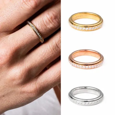 304 Stainless Steel Rotating Spinner Ring Full Zirconia Pave Anxiety Relief Band For Men Women PVD Vacuum Plated Jewelry