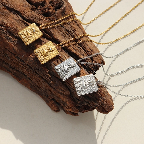 Ancient Egyptian Relief Sun Hand Pendant Necklace Titanium Steel 18K Gold Plated Zircon Square Plate Vintage Jewelry For Women