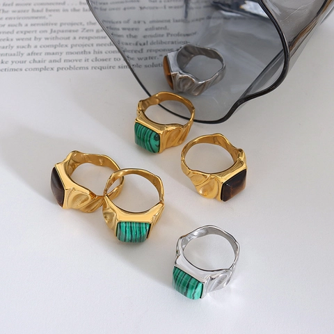 Vintage Stainless Steel Square Tiger Eye Stone Ring For Women 18K Gold Plated Malachite Look Natural Stone Chunky Ring