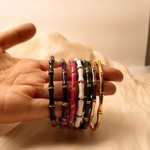 Bracciale Rigido Vintage in Acciaio Inossidabile a Nodo di Bambù Per Donna Placcato Oro 18K Smalto Colorato Gioielli di Moda