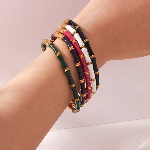 Bracciale Rigido Vintage in Acciaio Inossidabile a Nodo di Bambù Per Donna Placcato Oro 18K Smalto Colorato Gioielli di Moda