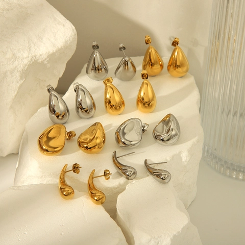 Orecchini a Bottone a Goccia in Acciaio Inossidabile Minimalista Donna Placcati in Oro 18K Gioielli di Moda Vintage